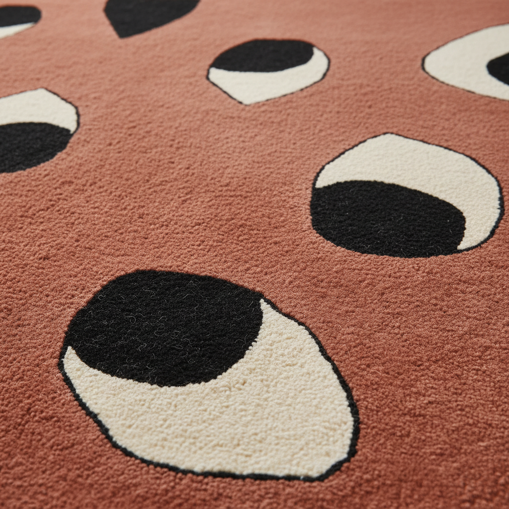 Close-up of a textured rug with a terracotta pink base and large black-and-cream abstract spots, resembling a spotted animal print.