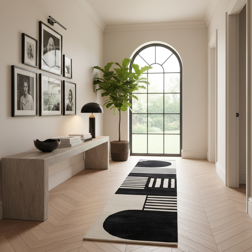 A modern interior hallway with a long rectangular area rug featuring bold black and white geometric shapes, a light wood console table, framed black-and-white portraits on the wall, and a large potted plant near an arched window.
