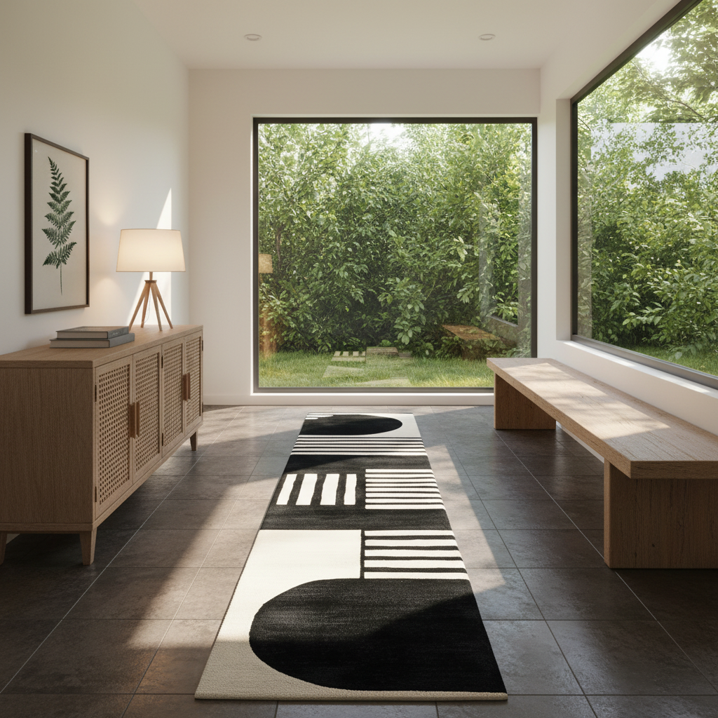 A modern minimalist entryway with a long black and cream abstract runner rug on dark tile flooring, flanked by a light wood sideboard on the left and a matching wooden bench by large windows looking out to a green garden.