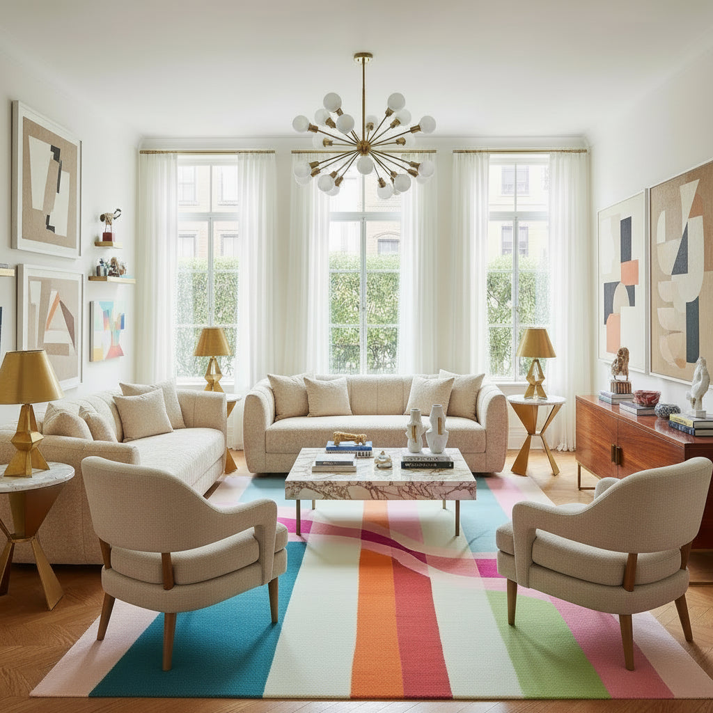 A vibrant area rug featuring bold, colorful stripes in pink, green, blue, orange, and cream. The contemporary wool rug design is perfect for large living room spaces, adding a modern and artistic touch to your home decor.