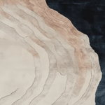A close-up of a textured area rug with an abstract organic pattern featuring layered organic bands in cream, beige, and blush pink, transitioning into a deep navy blue section.