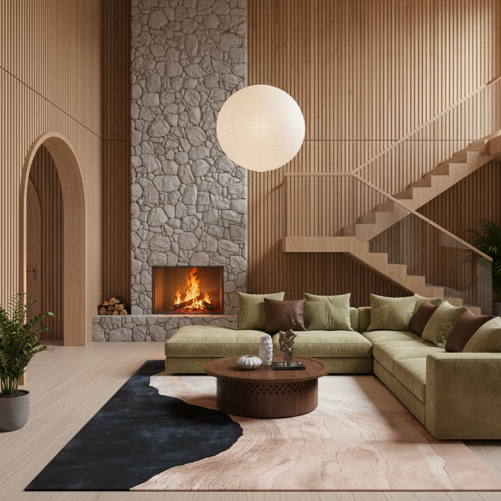 A modern living room with a large olive green sectional sofa, a round wooden coffee table, a black and beige area rug, a stone fireplace with a glowing fire, and a wooden staircase in the background.