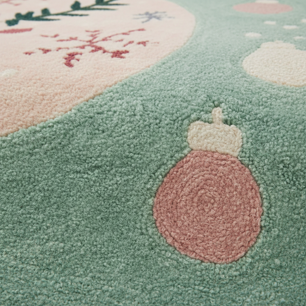 Close-up of a textured area rug with a pastel winter design, featuring a mint green base, a pink ornament, and a pale pink section with embroidered snowflakes.