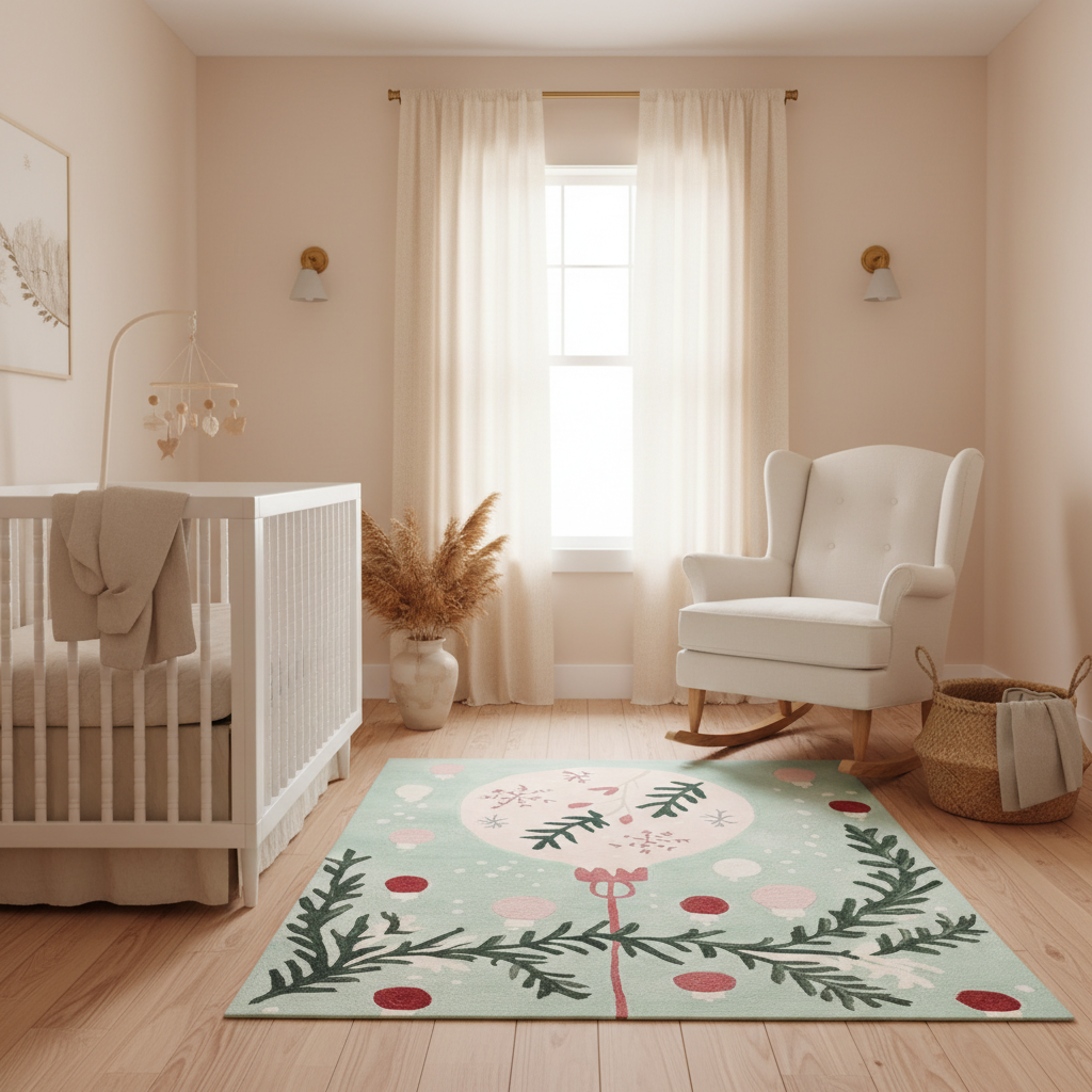A styled nursery room with a light green area rug featuring a pink flamingo and green foliage pattern, placed on a light wood floor between a white crib and a white rocking chair.