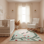 A styled nursery room with a light green area rug featuring a pink flamingo and green foliage pattern, placed on a light wood floor between a white crib and a white rocking chair.