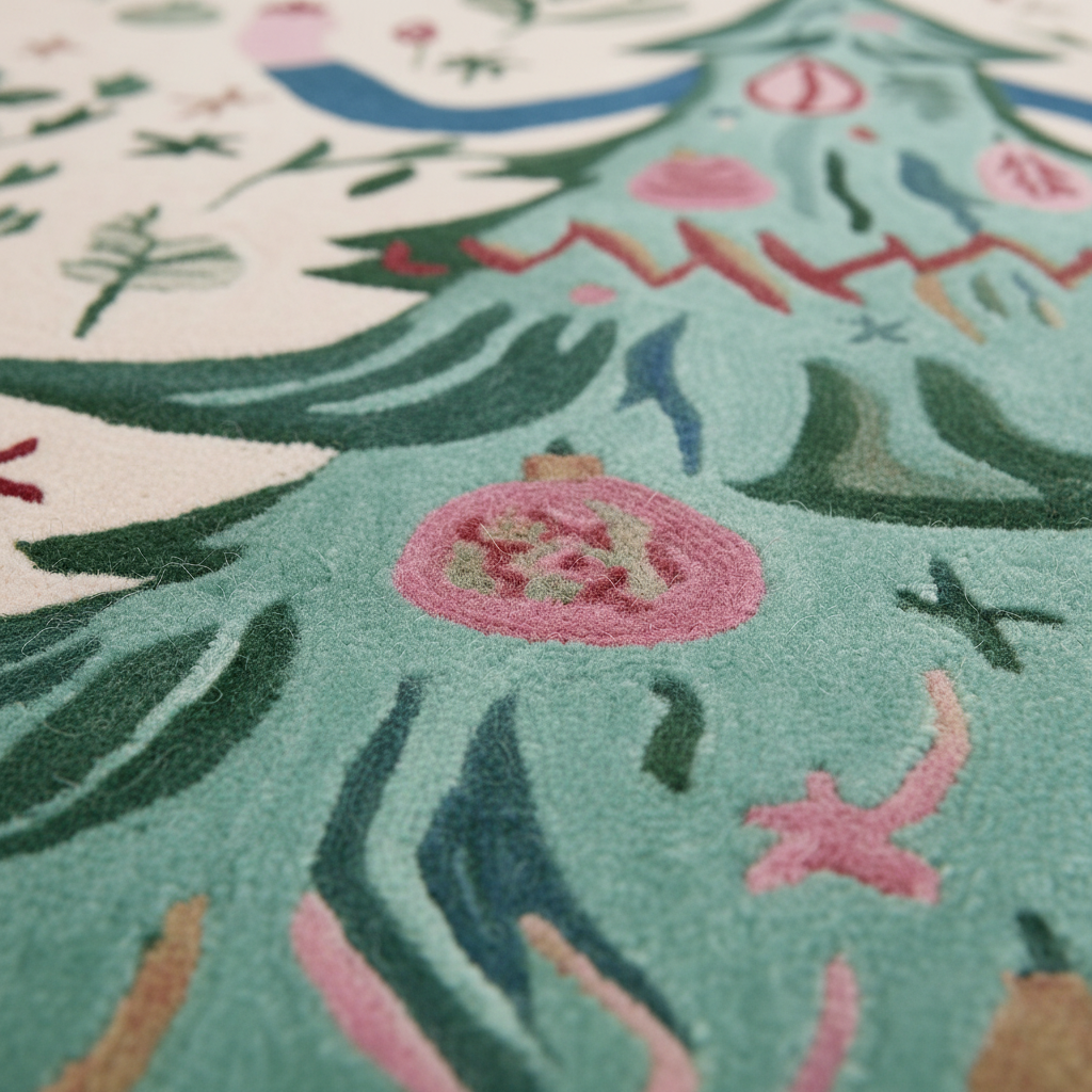 Close-up of a textured rug featuring a whimsical, folk-art style Christmas tree design in mint green, pink, dark green, and cream.