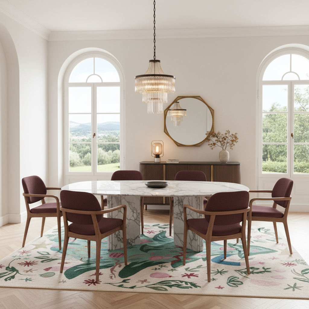 A luxury dining room featuring a round white marble dining table with a white marble pedestal base, surrounded by six mid-century modern armchairs with burgundy upholstery and wood frames. The furniture is arranged on a large botanical patterned area rug. The room has high arched windows looking out to a green landscape, a gold-framed octagonal mirror on the wall, and a crystal chandelier hanging above.