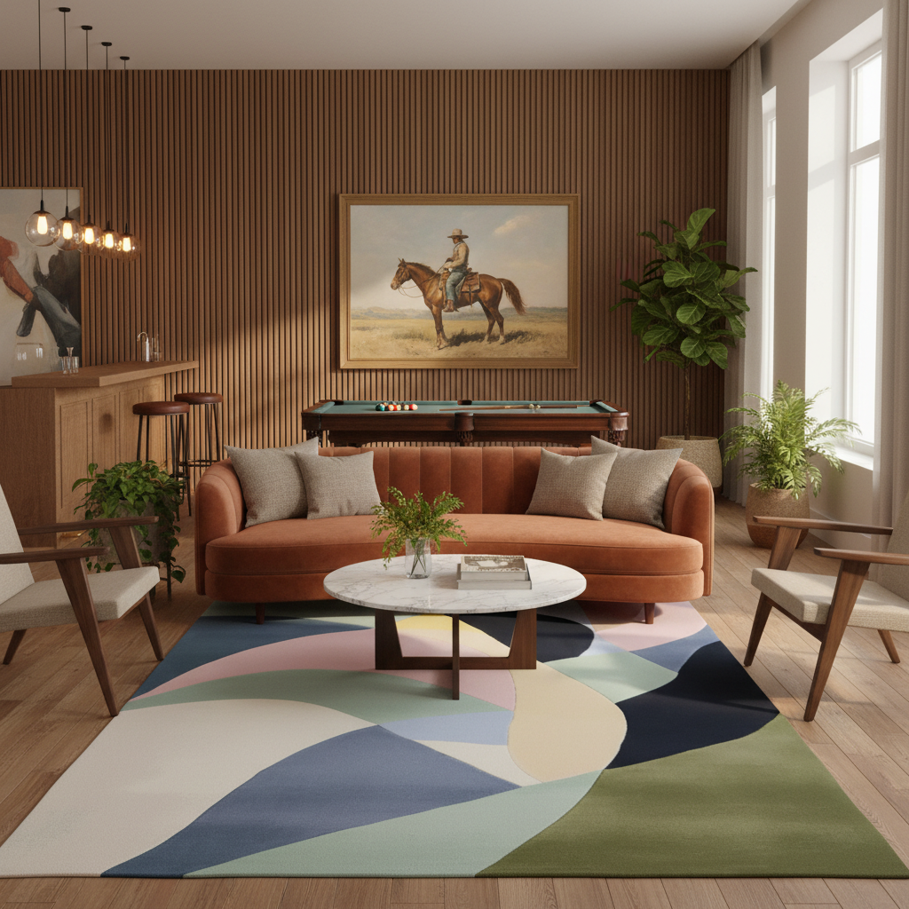 A styled living room interior featuring a large abstract area rug in pastel blue, green, cream, and navy tones. The rug is placed on a light wood floor in front of a rust-orange sofa, a round white coffee table, and a wood slat accent wall with a framed painting of a cowboy on horseback.