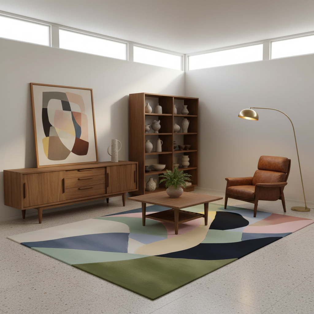 A modern mid-century styled living room featuring a large abstract geometric area rug in shades of green, blue, pink, beige, and black on a terrazzo floor. The room includes a wooden sideboard with a framed abstract print, a tall wooden bookshelf, a brown leather armchair, a gold floor lamp, and a matching wooden coffee table.
