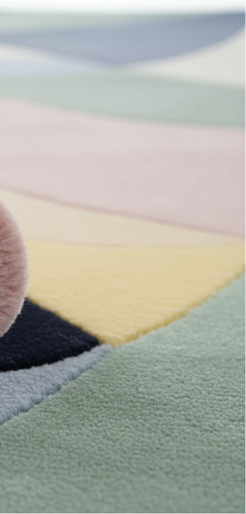 Close-up of a soft, plush area rug with a pastel geometric pattern, showing textures and colors of pink, yellow, sage green, navy, and light blue.