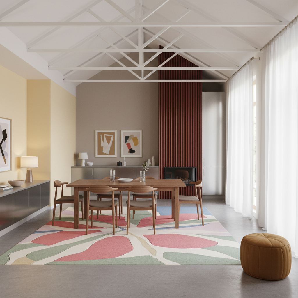 A modern dining room interior featuring a rectangular wooden dining table and four matching wooden chairs placed on a large abstract-patterned area rug. The room has a high white-trussed ceiling, white sheer curtains, a mustard yellow side wall, a dark wood slatted accent wall, and a brown ottoman in the foreground.