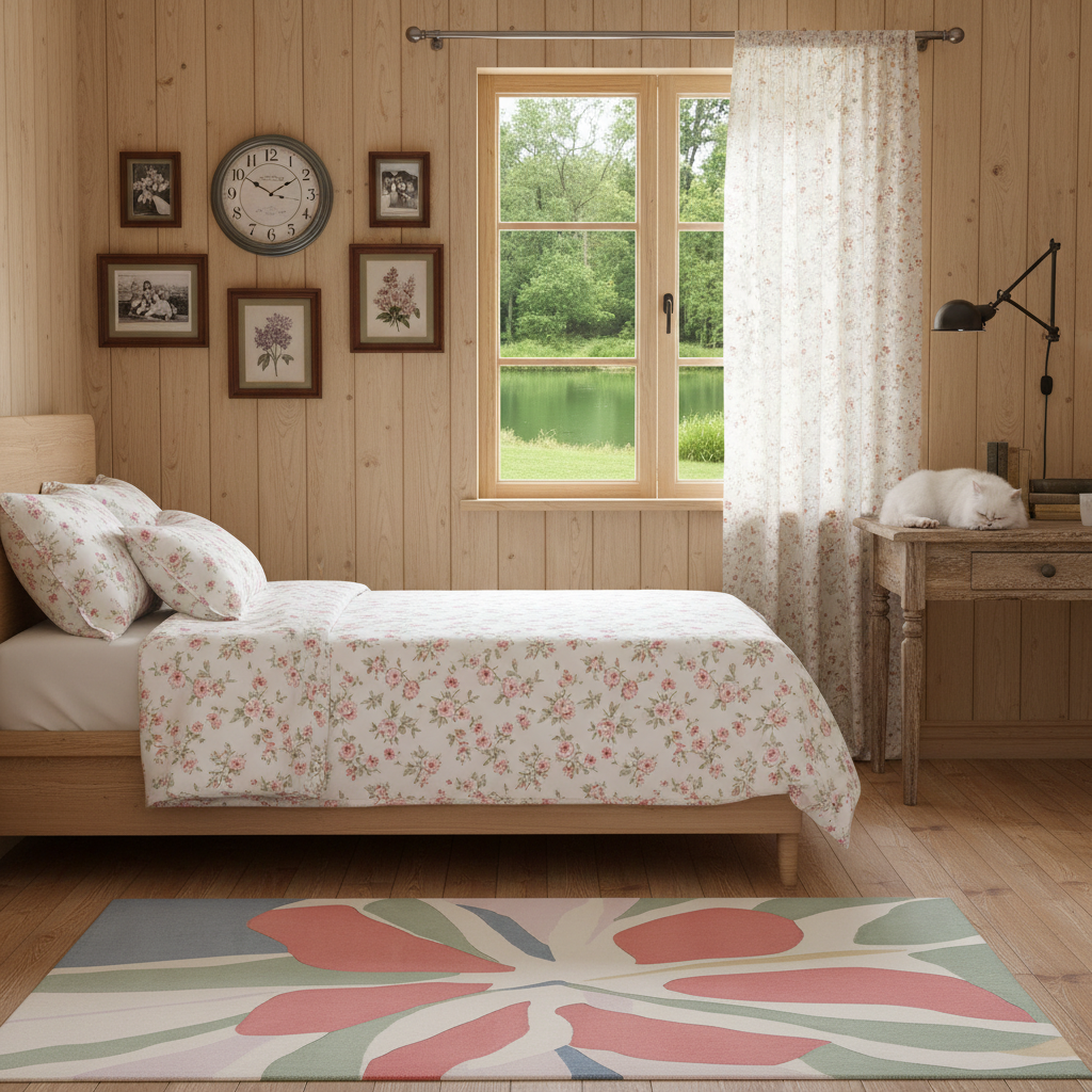 A cozy bedroom scene with a wooden bed dressed in white bedding featuring a delicate pink and green floral pattern. The room has light wood paneling, a window looking out to a green lake, a sleeping white cat on a wooden nightstand, and a colorful abstract floral rug on the floor.