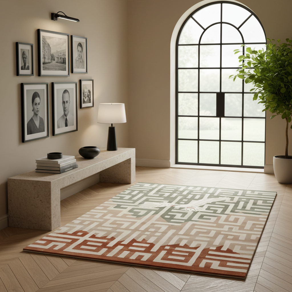 A geometric area rug with a maze-like pattern in beige, muted green, and terracotta orange, styled in a modern living room with a stone bench, framed black-and-white portraits, and a large arched window.