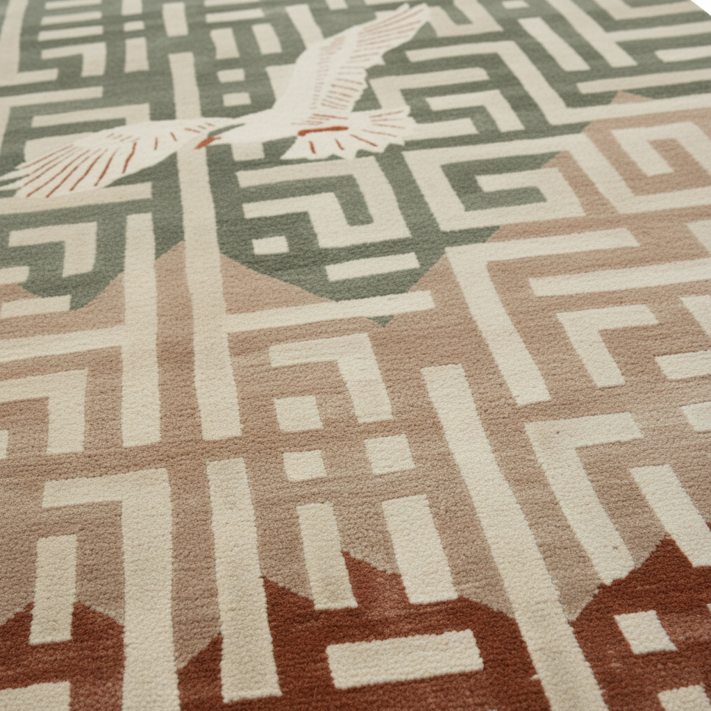 A close-up of a textured area rug featuring a geometric maze pattern in sage green, cream, and beige, with a white bird motif in the upper left and terracotta accents near the bottom.