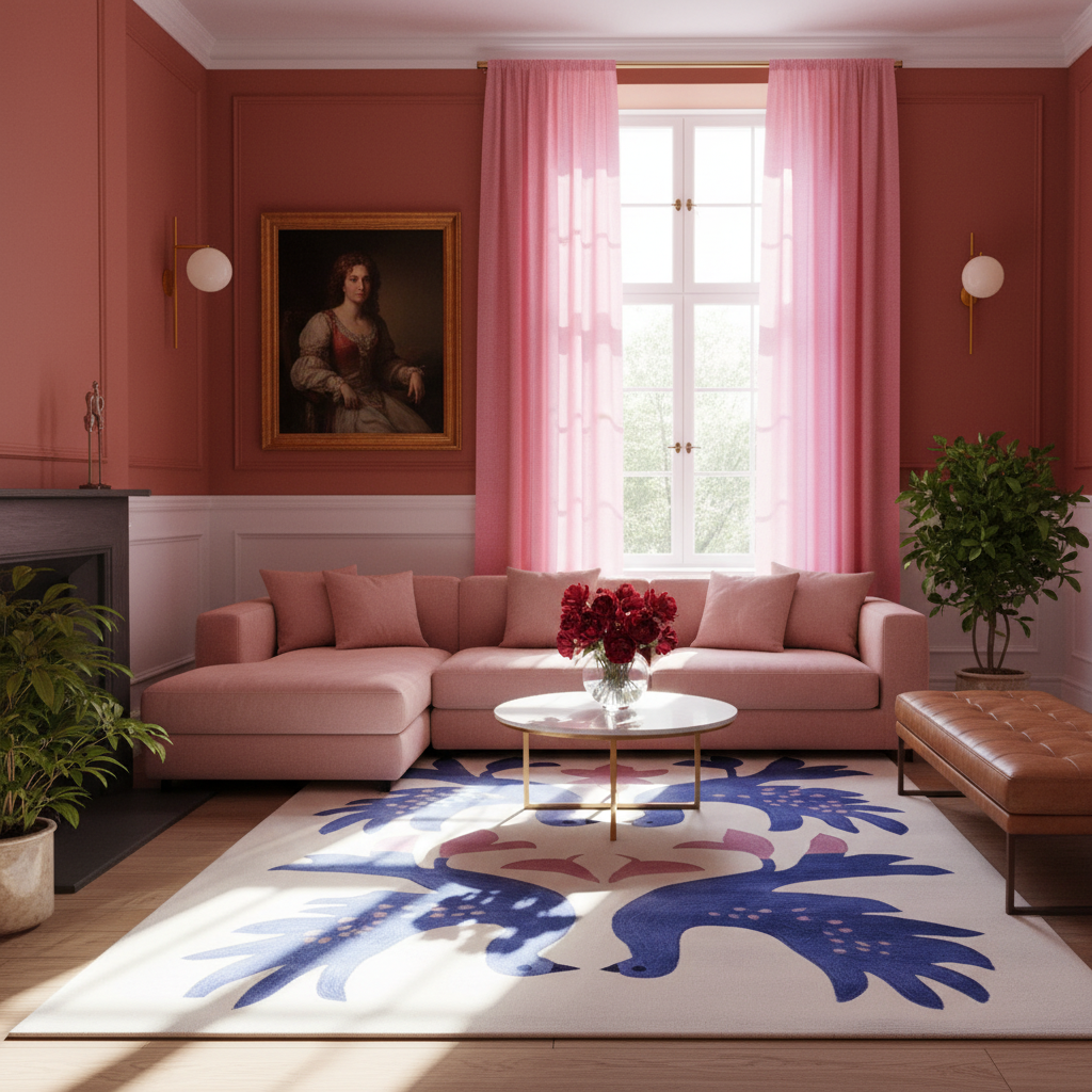 A styled living room featuring a light pink sectional sofa, pink curtains, a blue and white patterned area rug, and a brown leather bench, with a classic portrait painting on the wall.