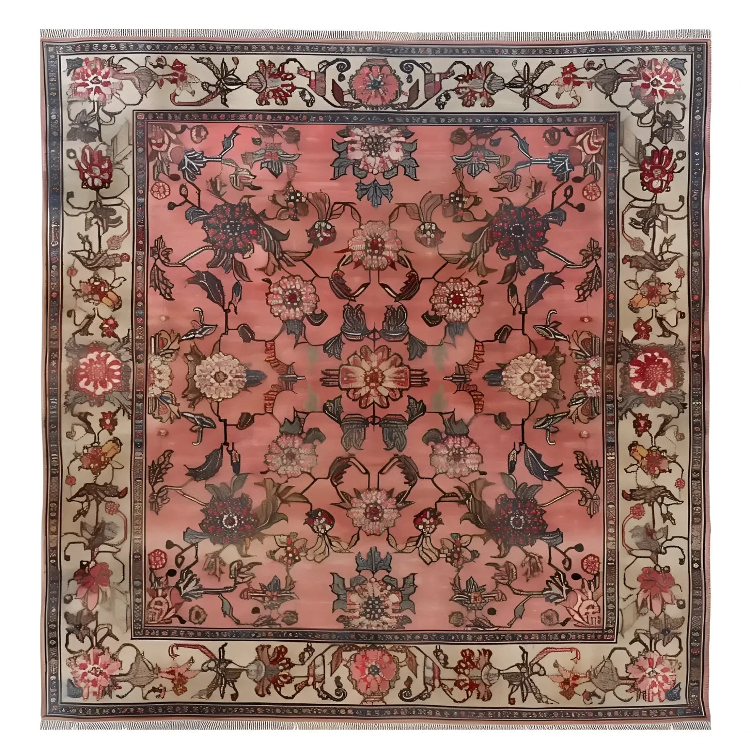An exquisite area rug with a vintage floral design, the Whispers of Antiquity Knotted Wool Rug features intricate patterns in warm tones, ideal for enhancing living room decor. This floral rug captures elegance and timeless beauty, making it a perfect addition to any living room area.