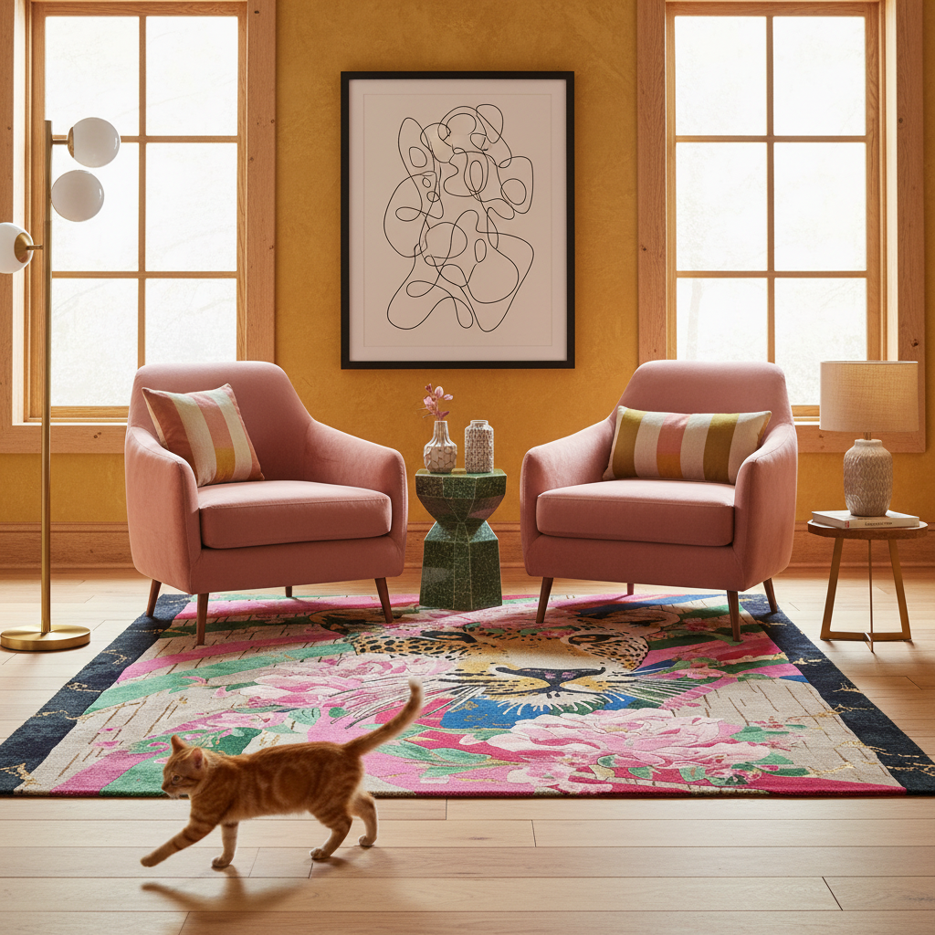 A styled living room scene with two blush pink armchairs facing a green pedestal table, set on a large colorful floral area rug. An orange tabby cat walks across the foreground. The room has warm yellow walls, tall windows, a floor lamp, and framed wall art. The rug is the likely product focus, but the scene includes furniture, decor, and a real interior environment, so subject_type is Lifestyle rather than Product/Packaging.