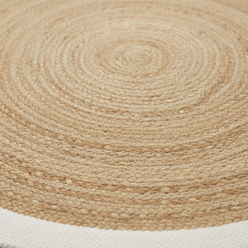 A close-up of a round woven rug in a natural beige jute or straw texture, showing the spiral pattern and a small portion of a white border at the bottom edge.