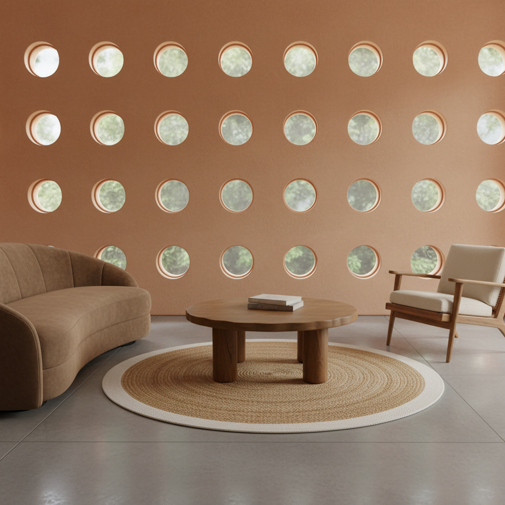 A modern living room scene with a curved tan sofa, a round wooden coffee table, a cream armchair, and a woven round rug in front of a terracotta-colored wall with evenly spaced circular windows.