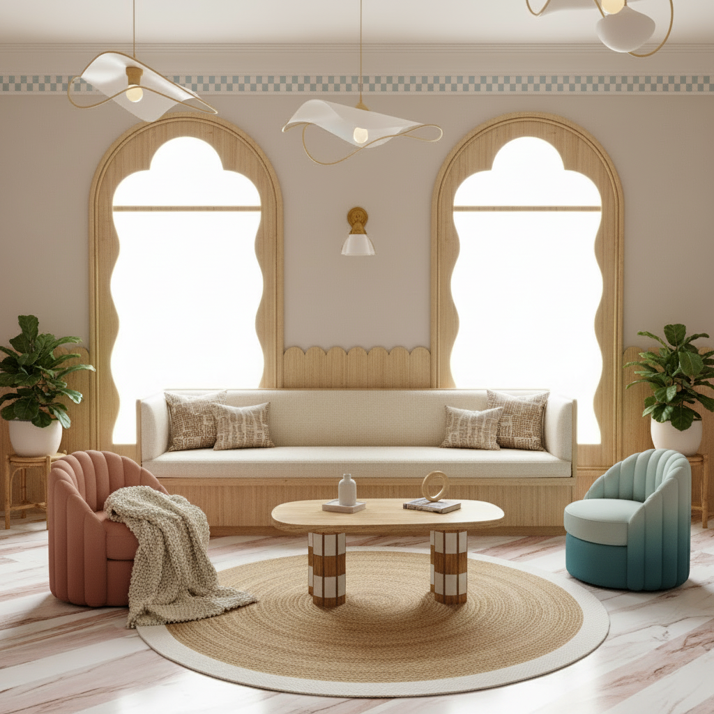 A beautifully styled bohemian living room featuring a cream-colored sofa, a pink armchair with a beige throw blanket, a teal gradient accent chair, a round woven jute rug, and a central wooden coffee table. The room is decorated with two large arched windows, hanging pendant lights, and potted plants.