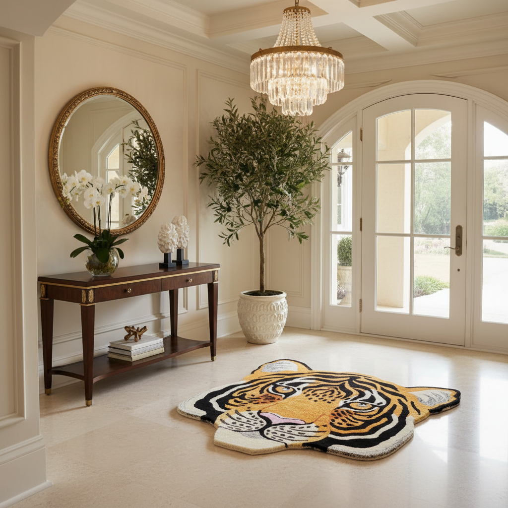 Wild Cat Tiger Face Hand-Tufted Wool Accent Rug