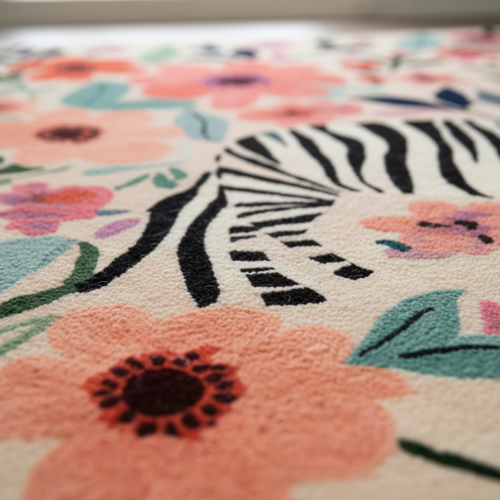 A close-up of a textured area rug featuring a zebra stripe pattern blended with large coral-pink flowers, teal leaves, and dark brown flower centers on a cream background.