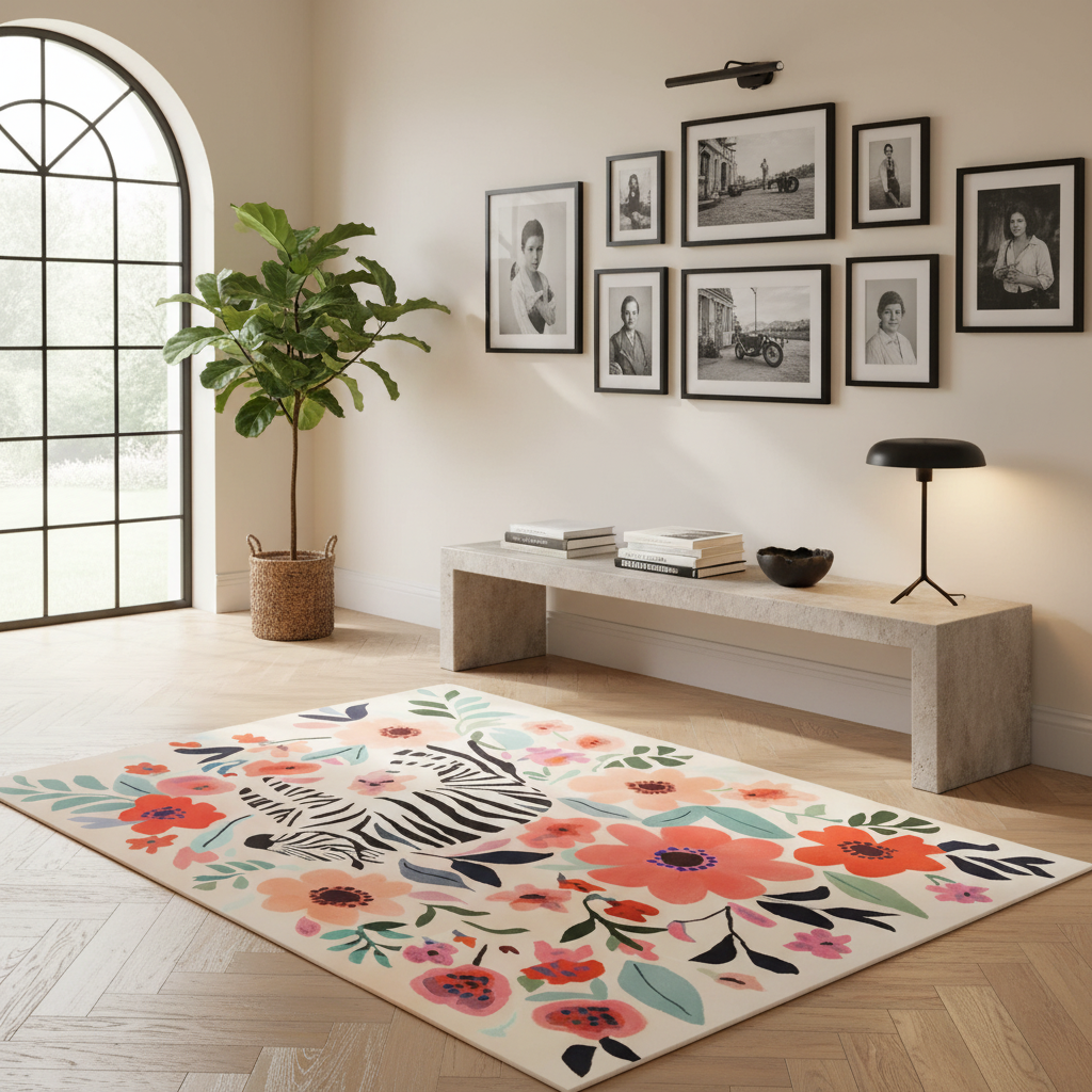 A large rectangular area rug with a cream background, a black-and-white zebra motif, and colorful floral patterns in coral, pink, orange, teal, and purple, styled in a bright modern living room next to a potted plant and a stone bench.