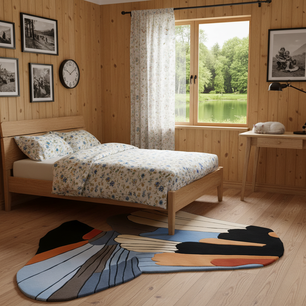 A cozy bedroom with light wood paneled walls and floor, featuring a wooden bed with a blue and white floral patterned duvet, a matching floral pillow set, a large abstract multicolor rug on the floor, and a window overlooking a green lake.