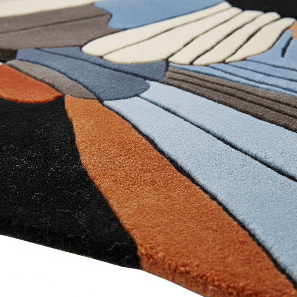 Close-up of a textured area rug with an abstract, layered geometric pattern in shades of blue, rust orange, black, gray, and cream.