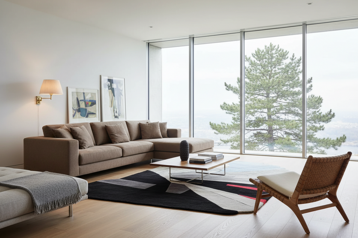 A modern living room featuring a taupe sectional sofa, a black and white geometric area rug, a wooden armchair with a white cushion, and a glass coffee table. Large floor-to-ceiling windows offer a view of a pine tree, set against a clean white wall.