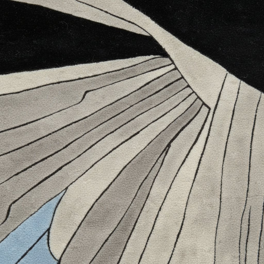 Abstract close-up of a textured rug or textile with sweeping curved sections in black, off-white, light gray, and a small pale blue area, outlined by dark lines.