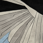 Abstract close-up of a textured rug or textile with sweeping curved sections in black, off-white, light gray, and a small pale blue area, outlined by dark lines.