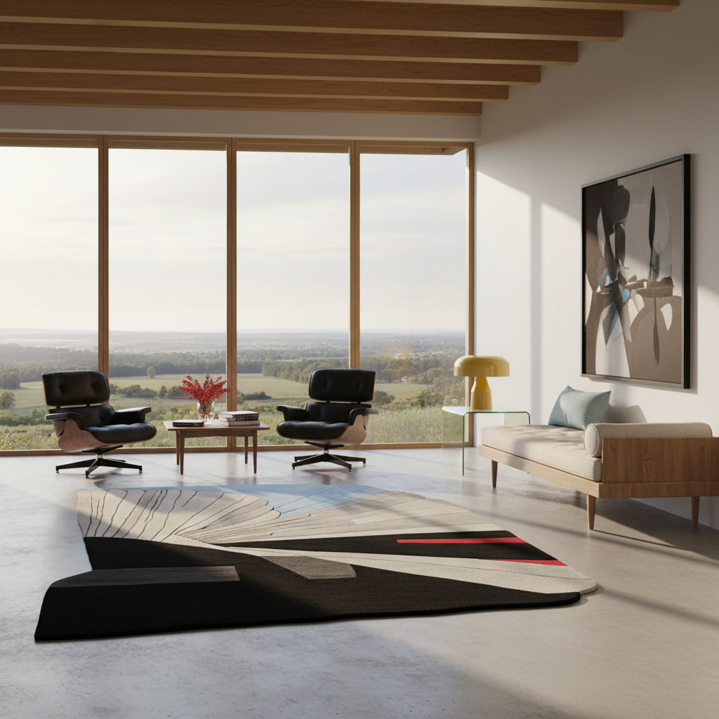 A modern living room with large floor-to-ceiling windows overlooking a green landscape. The room features a light wood sofa with a teal throw, two black lounge chairs, a small wooden coffee table, a yellow table lamp, and a bold abstract black, white, and red rug on a concrete floor.