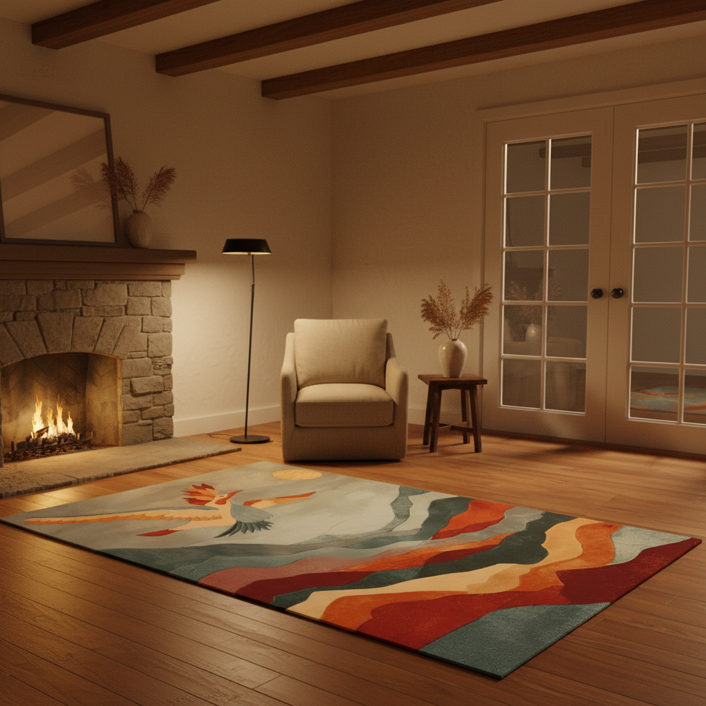 A large abstract area rug with a stylized bird and flowing wave-like patterns in red, orange, beige, teal, and gray, styled in a warm, cozy living room with a fireplace, armchair, and wood floors.