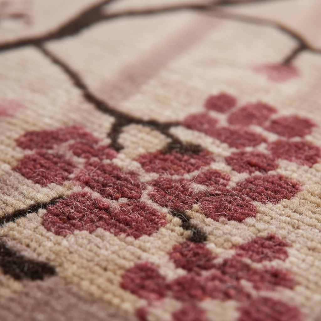 Close-up of a textured rug featuring a cherry blossom pattern with dusty pink flowers and dark brown branches on a warm cream background.