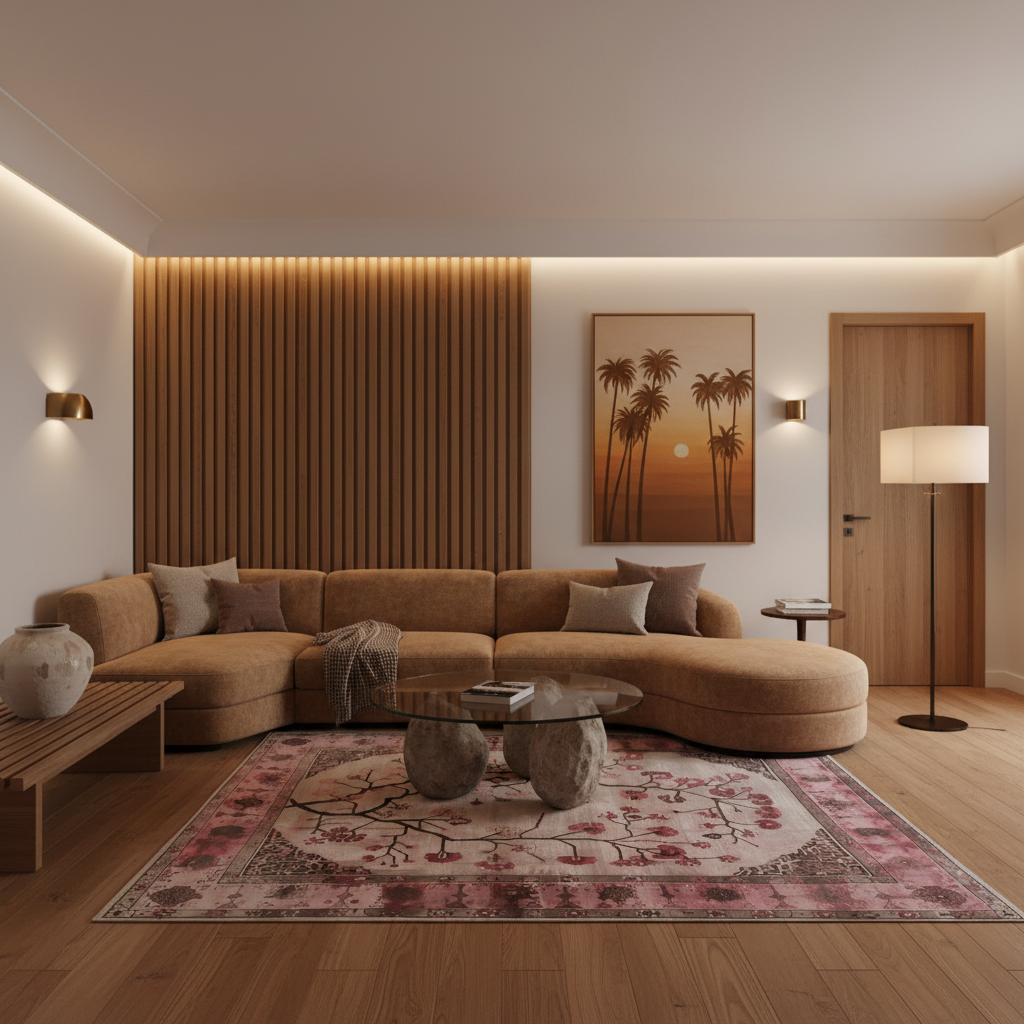 A modern living room featuring a curved beige sectional sofa, a patterned pink and beige area rug, a glass-top coffee table with stone bases, and a warm wood slat accent wall with integrated LED lighting. A framed palm tree sunset print hangs on the wall.